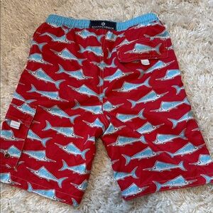 Snapper Rock Red Swim Shorts with Shark Pattern